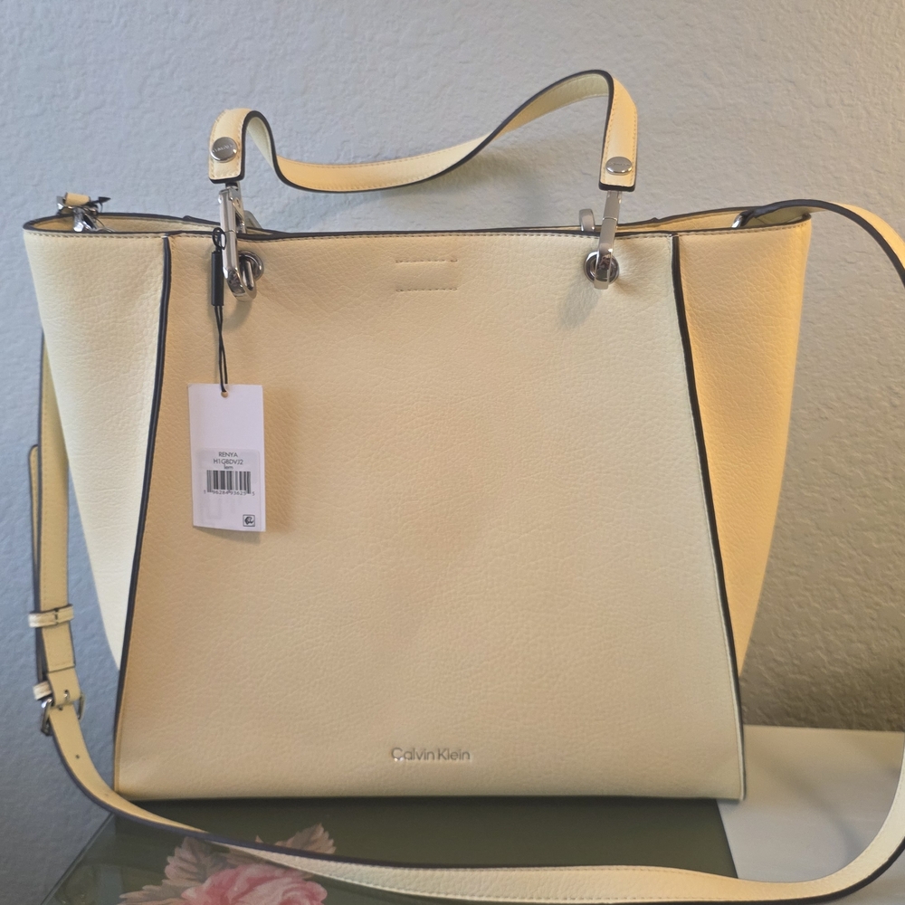 Calvin Klein Pale Yellow Pebbled Leather Tote with Shoulder Strap